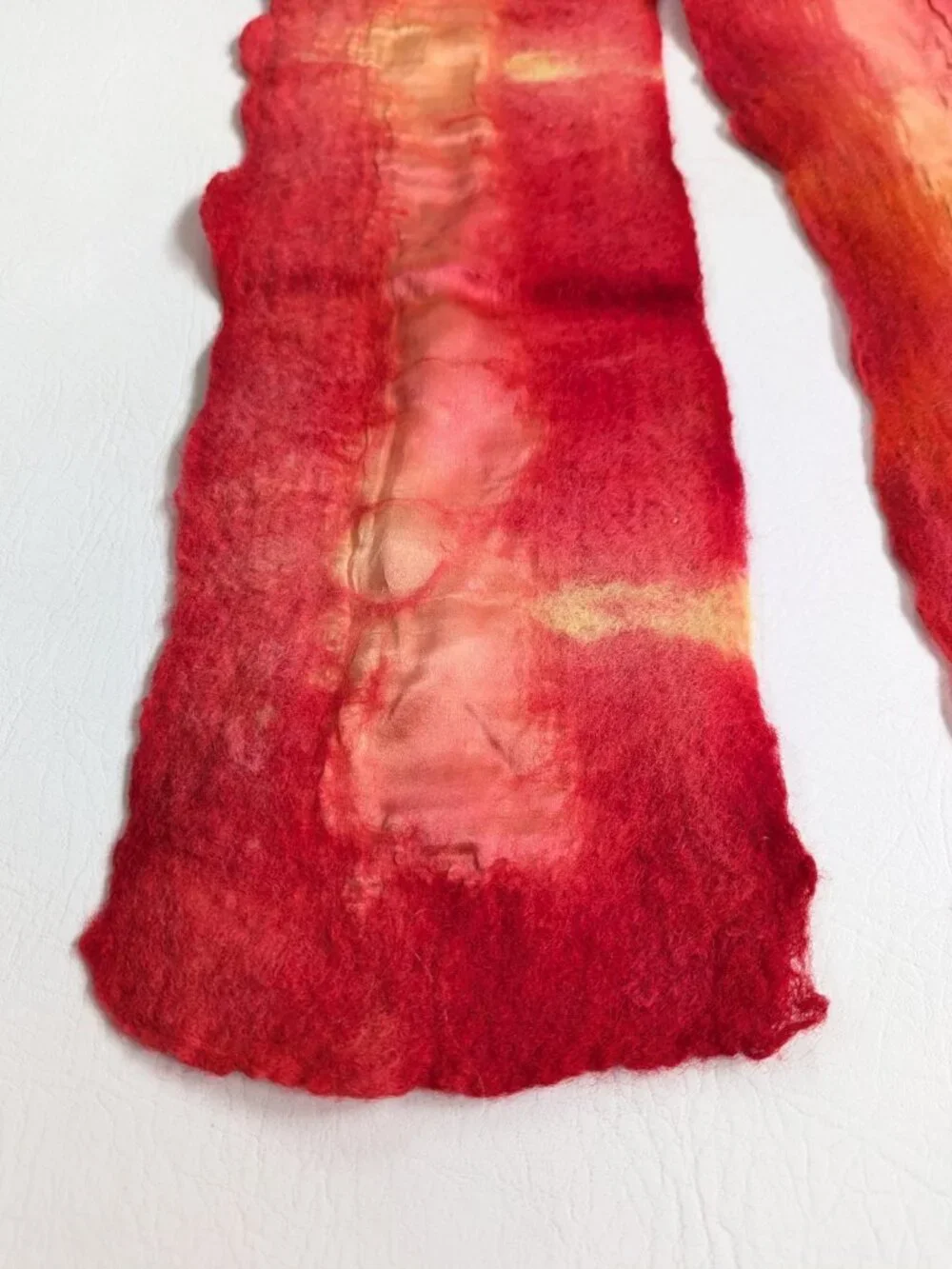 Handmade Wool Wet Felted and Silk Scarf Long OOAK Red Orange Yellow Boho